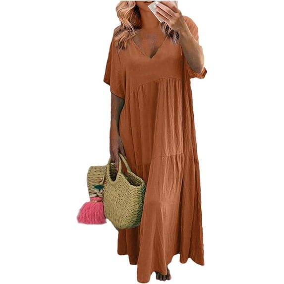 Plus Size Linen Dress Women Summer Short Sleeve V Neck Plus Size Maxi Dress Casual Flowy Loose Long Vacation Beach Dresses