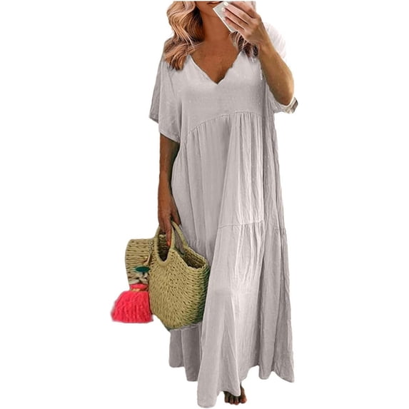 Plus Size Linen Dress Women Summer Short Sleeve V Neck Plus Size Maxi Dress Casual Flowy Loose Long Vacation Beach Dresses