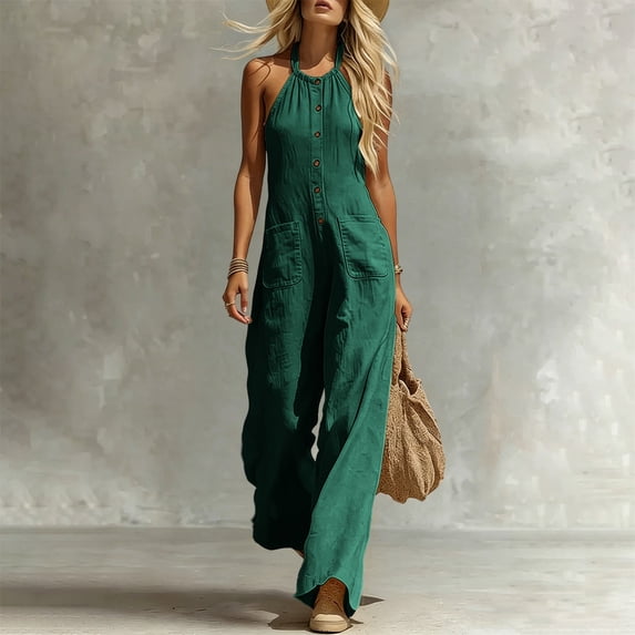 Plus Size Linen Jumpsuit Women, V-Neck Sleeveless Jumpsuit, Button Front Casual Jumpsuit Summer Loose Fit Outfit Daily Wear