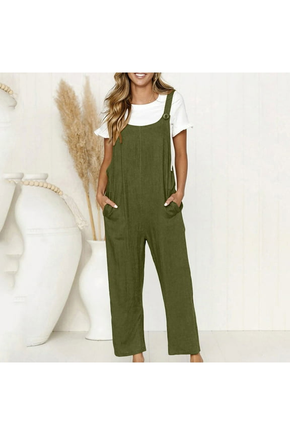 Plus Size Linen Jumpsuits Overalls for Women Casual Summer Bib Pants with Pockets Baggy Rompers Wide Leg Pants