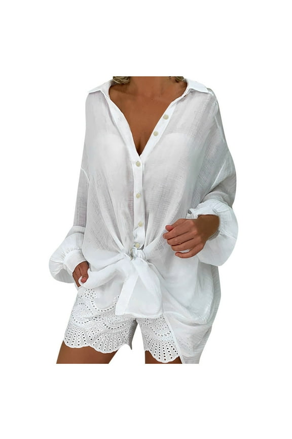 Plus Size Linen Long Sleeve Shirt Loose Button Down Boyfriend Shirt Tops Swimsuit Cover Up Shirt for Women