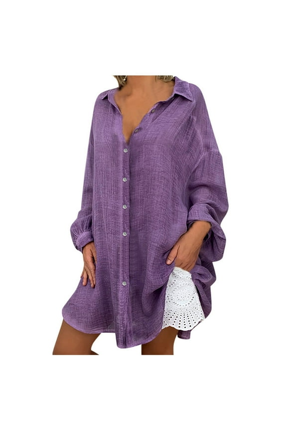 Plus Size Linen Long Sleeve Shirt Loose Button Down Boyfriend Shirt Tops Swimsuit Cover Up Shirt for Women