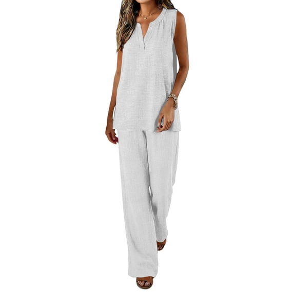 Plus Size Linen Outfits 2 Piece Pants Set for Women Sleeveless V-neck Tank Top Wide Leg Trouser Summer Clothes (2XL, White)