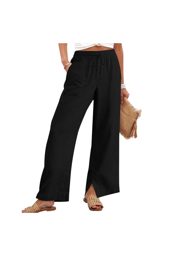 Plus Size Linen Pants for Women with Side Split Casual Summer Wide Leg Elastic High Waisted Baggy Pants Solid Color Lounge Pants with Pockets Black Pant,Size S-4XL