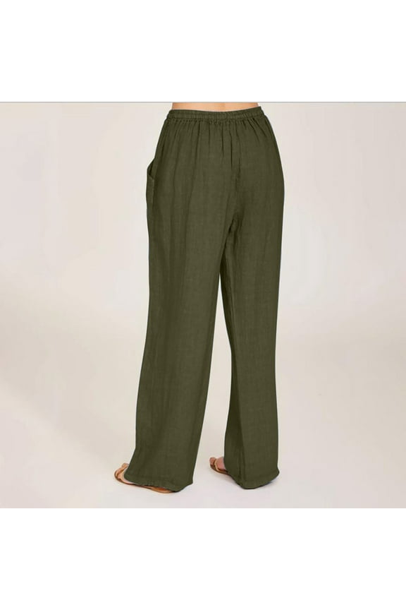 Plus Size Linen Pants for Women High Waisted Casual Pants Drawstring Elastic Waist Pants with Pockets Wide Leg Long Pants
