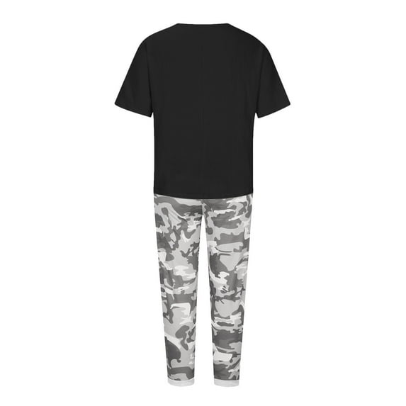Plus Size Linen Sets for Women, Loose Casual Short Sleeve Printed T-Shirt with Capris Pants Jogger Travel Outfits Sweat Suits for Ladys 2 Piece Joggers Black S
