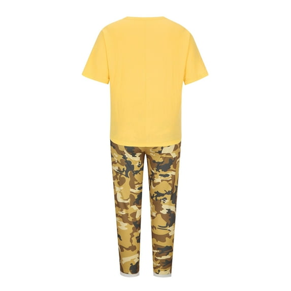 Plus Size Linen Sets for Women, Loose Casual Short Sleeve Printed T-Shirt with Capris Pants Jogger Travel Outfits Going out Outfits for Lady Yellow M