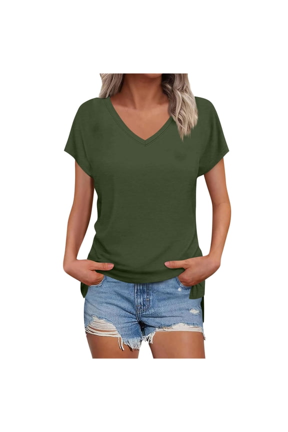 Summer T Shirt for Women Casual V Neck Side Slit Tee Shirt Short Sleeve Dropped Shoulder Fashion Tops