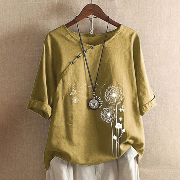 Plus Size Linen Shirts Womens, Summer Casual Oversized Tops Dandelion Graphic Tee Shirt Roll Sleeve Button Down Blouse