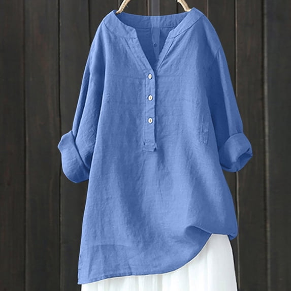 Plus Size Linen Shirts for Women 3 Buttons V Neck Long Sleeve Tshirt Trendy Dressy Blouses Casual Tunic Tops Blue#02 S-5XL