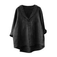 thumbnail image 1 of Plus Size Linen Shirts for Women Long Sleeve Solid Color Fall Tops Shawl Collar V Neck Casual Lightweight Tshirts (2XL, Black), 1 of 3