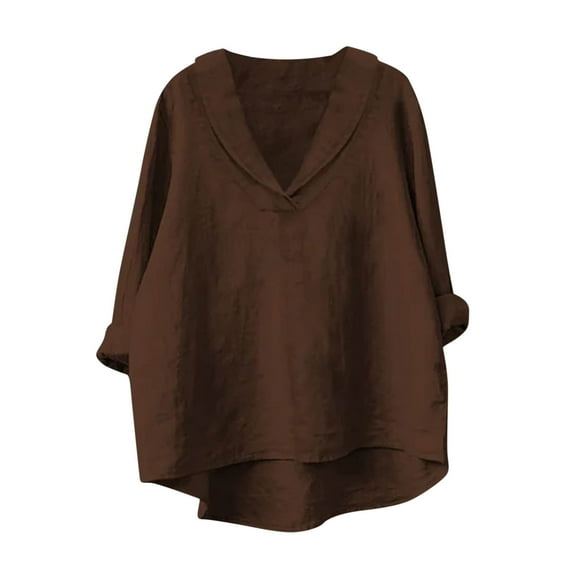 Plus Size Linen Shirts for Women Long Sleeve Solid Color Fall Tops Shawl Collar V Neck Casual Lightweight Tshirts (S, Brown)