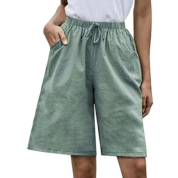 Plus Size Linen Shorts for Women Elastic Waist Drawstring Summer Casual Loose Wide Leg Lounge Shorts with Pockets