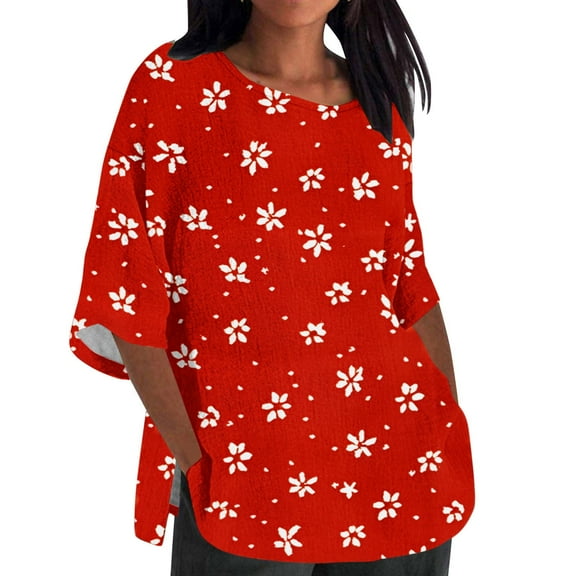 Plus Size Linen T Shirts Womens Floral/Dots Printed Crewneck Loose Graphic Tees 3/4 Sleeve Summer Fall Tops S-5XL (L, Red)