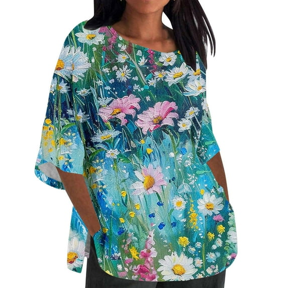 Plus Size Linen T Shirts Womens Floral/Dots Printed Crewneck Loose Graphic Tees 3/4 Sleeve Summer Fall Tops S-5XL (S, Blue)