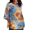 thumbnail image 1 of Plus Size Linen T Shirts Womens Floral/Dots Printed Crewneck Loose Graphic Tees 3/4 Sleeve Summer Fall Tops S-5XL (S, Navy), 1 of 5