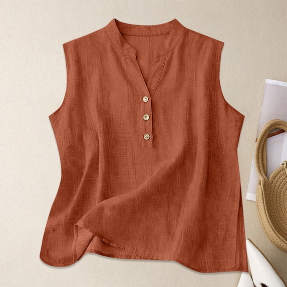Plus Size Linen Tank Tops for Women Casual Summer Shirts,Solid Button V Neck Sleeveless Blouses,Trendy Going Out Tees Brown XXL
