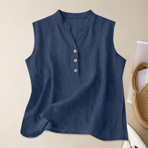 Plus Size Linen Tank Tops for Women Casual Summer Shirts,Solid Button V Neck Sleeveless Blouses,Trendy Going Out Tees Navy S