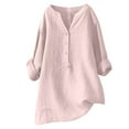 thumbnail image 1 of Plus Size Linen Tops Womens Long Sleeve Half Button Up Shirt Long Tops to Wear with Leggings Baggy Casual Tees (5XL, Pink), 1 of 5
