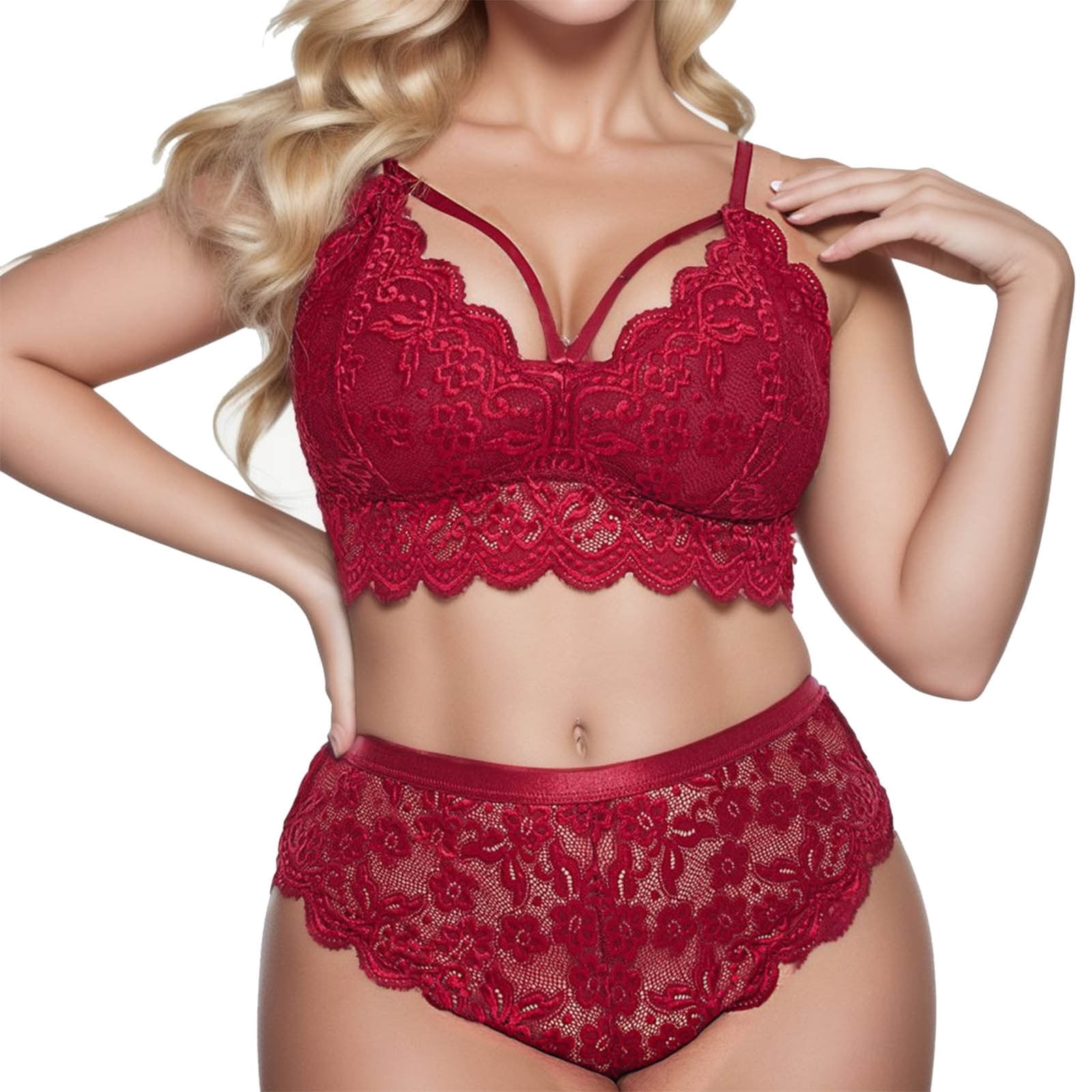 Plus Size Lingerie Set For Women Floral Lace Scallop Trim Garter Lingerie Set High Waist Lace 8538