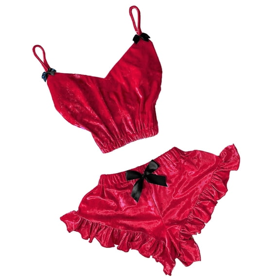 Plus Size V-Neck Velvet Stain Camisole Pajamas Bowknot Shorts Bodysuit Pink XL
