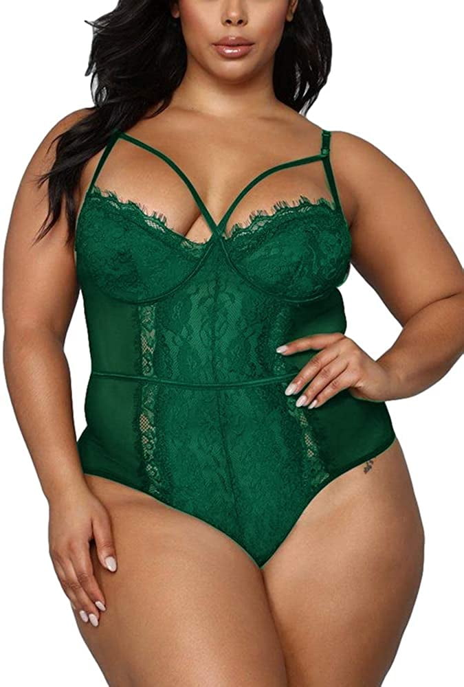 Plus Size Lingerie for Women Sexy Eyelash Lace Bodysuit Naughty Mesh One  Piece Teddy Outfits 