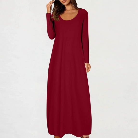 Plus Size Long Dresses for Fall Fashion Women's Casual Solid Color Dress Sexy Round Neck Long Sleeved Dress Red M