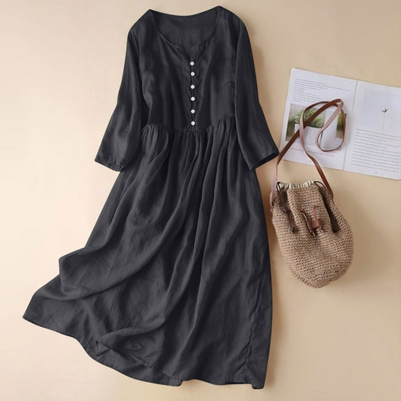 Plus Size Long Dresses for Spring Ladies Fashion Women Long Sleeve Button V-Neck Dress Solid Dresses Pocket Black XL