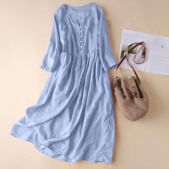 Plus Size Long Dresses for Spring Ladies Fashion Women Long Sleeve Button V-Neck Dress Solid Dresses Pocket Blue XL