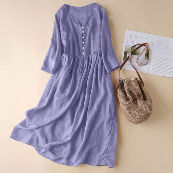 Plus Size Long Dresses for Spring Ladies Fashion Women Long Sleeve Button V-Neck Dress Solid Dresses Pocket Purple XL