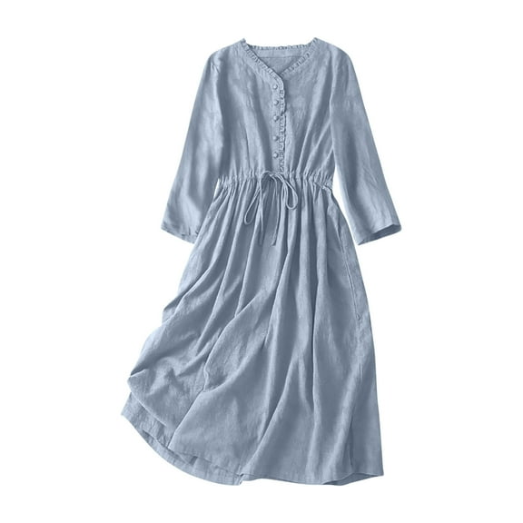 Plus Size Long Dresses for Fall Ladies Fashion Women Long Sleeve Dress V-Neck Dress Solid Dresses Pocket Blue XXL