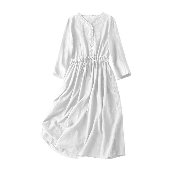 Plus Size Long Dresses for Spring Ladies Fashion Women Long Sleeve Dress V-Neck Dress Solid Dresses Pocket White XXL