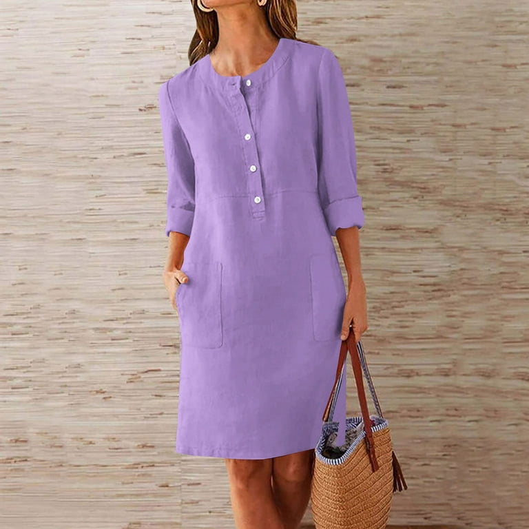 Plus Size Long Dresses for Fall Women's Button Straight Dress Crewneck Loose  Half Sleeve Solid Knee Length Dress Purple XXXL - Walmart.com