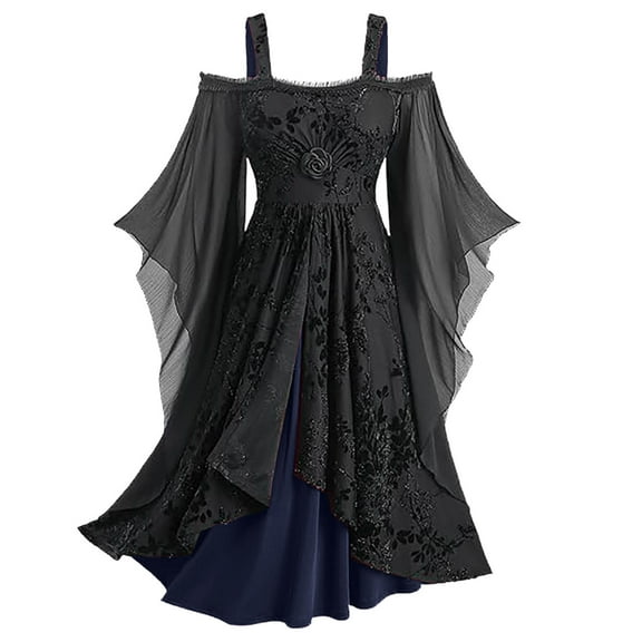 Plus Size Long Dresses for Fall Women's Gothic Flare Long Sleeves Dark Black Dress Mesh Spliced Costumes Dress Lace-up Midi Dress Long Dress Blue XXL