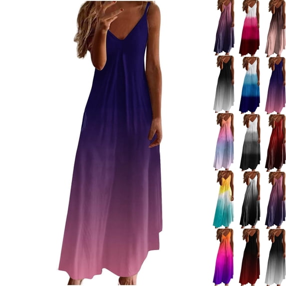 Plus Size Long Dresses for Womens 2026 Summer Fashion Beach Dresses Sleeveless V-Neck Printing Suspenders Sun Dresses
