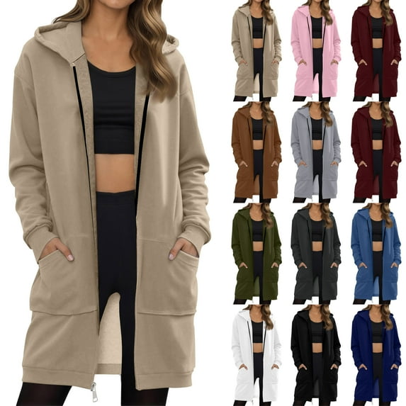 Plus Size Long Fleece Hoodies for Women Zip Up Long Sleeve Fleece Hooded Jacket Oversized Tunic Sweatshirt with Pockets Fall 2025 Casual Street Style Outfits Black M