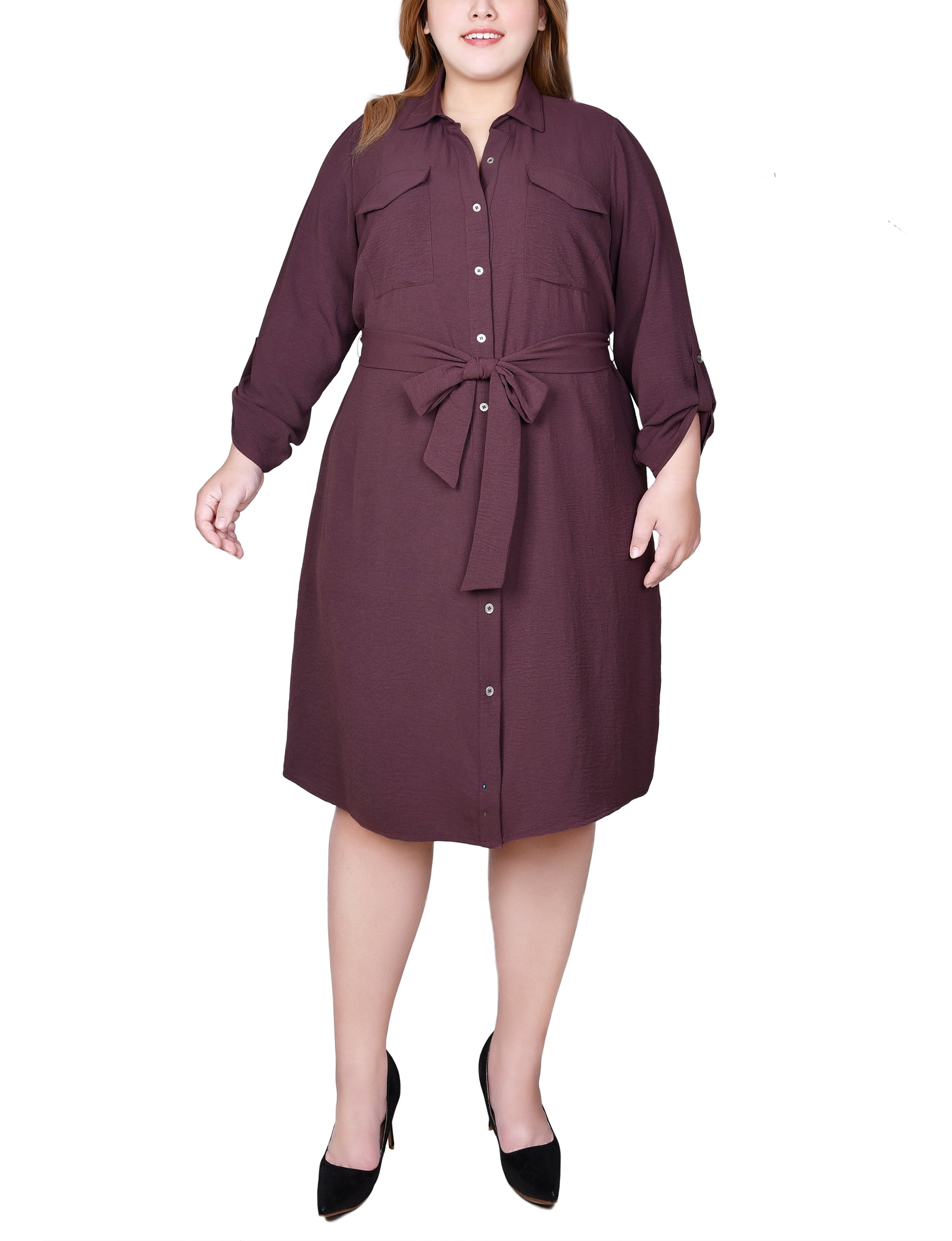 Plus Size Long Roll Tab Sleeve Shirtdress - Walmart.com
