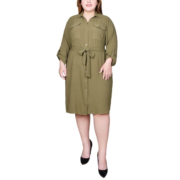 Plus Size Long Roll Tab Sleeve Shirtdress
