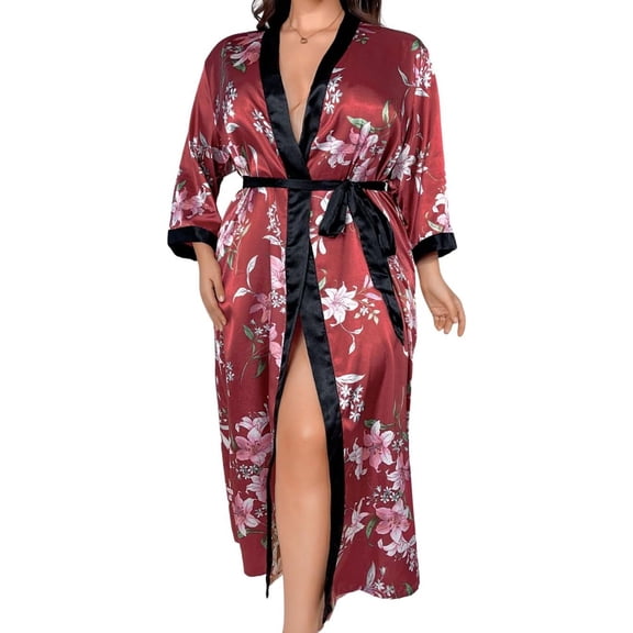Plus Size Long Silky Satin Robe for Women, 1XL-5XL Multiple Prints Boudoir Casual Sleepwear Nightgown