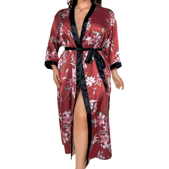 Plus Size Long Silky Satin Robe for Women, 1XL-5XL Multiple Prints Boudoir Casual Sleepwear Nightgown