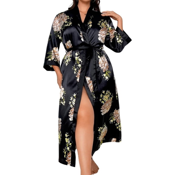 Plus Size Long Silky Satin Robe for Women, 1XL-5XL Multiple Prints Boudoir Casual Sleepwear Nightgown