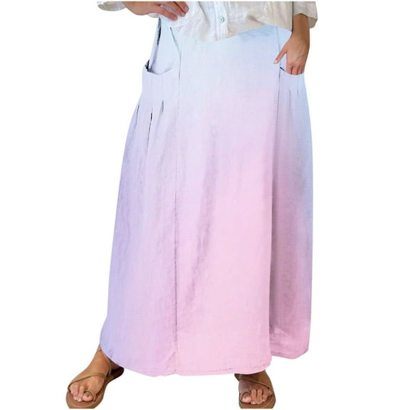 Plus Size Long Skirts for Women Printed Elastic Waisted Pleated Skirt with Pocket Summer Casual Loose Maxi Skirt on Clearance