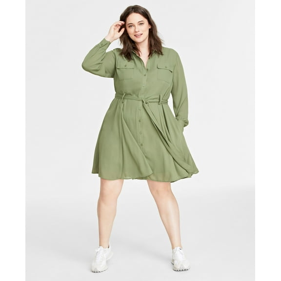 Plus Size Long-Sleeve Belted Shirtdress Olivine 3X
