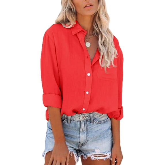 Avamo Plus Size Long Sleeve Blouses for Womens V-Neck Button-Up T-Shirts Solid Color Tops