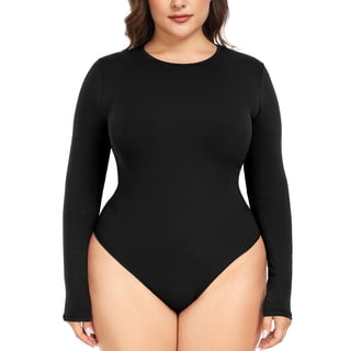 Plus Size Long Sleeve Bodysuit for Women Crew Neck Basic Slim Fit Body Suit Leotard Tops,1X-5X