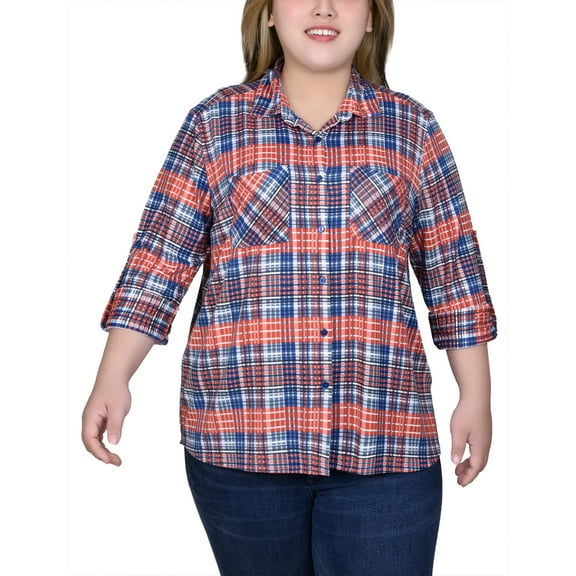 Plus Size Long Sleeve Button Front Tunic Top