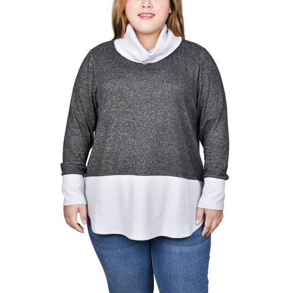 Plus Size Long Sleeve Cowl Neck Colorblocked Top
