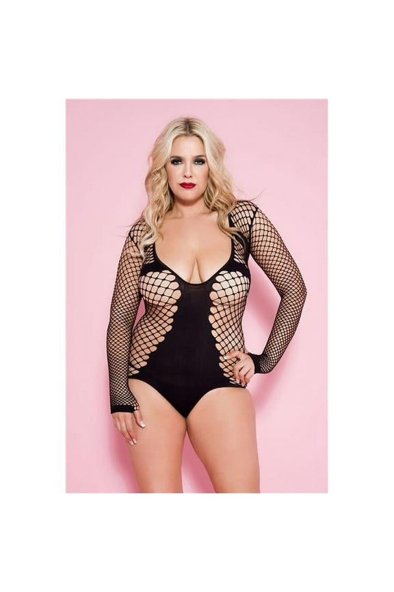 Plus Size Long Sleeve Diamond Net Teddy 8208Q-BLACK