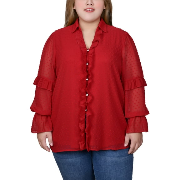 Plus Size Long Sleeve Dotted Chiffon Blouse