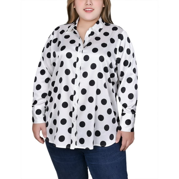 Plus Size Long Sleeve Dotted Satin Blouse